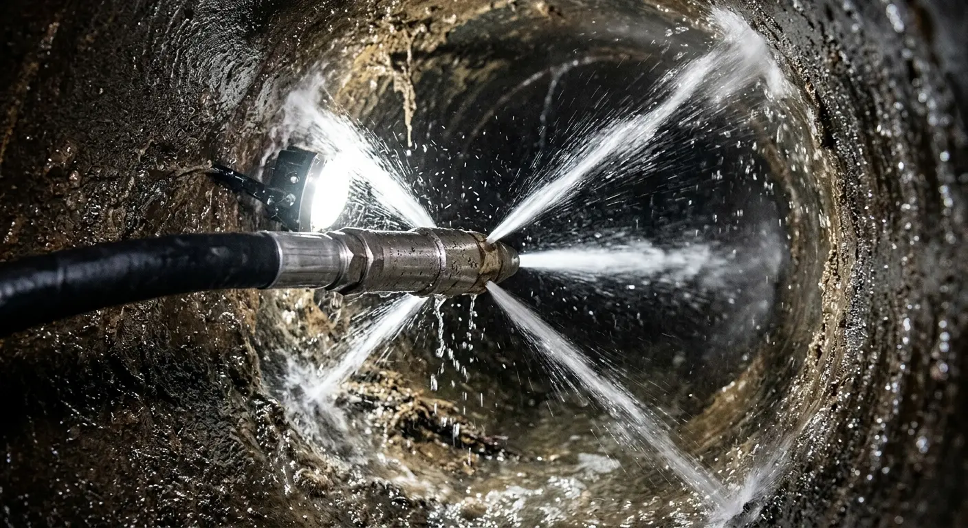 High-pressure hydro jetting nozzle cleaning sewer pipe for Sewer Cleanout in Difficult Run