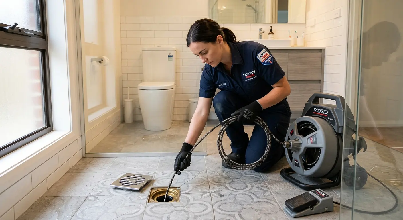 Technician clearing a bathroom floor drain for Sewer Line Installation in Difficult Run